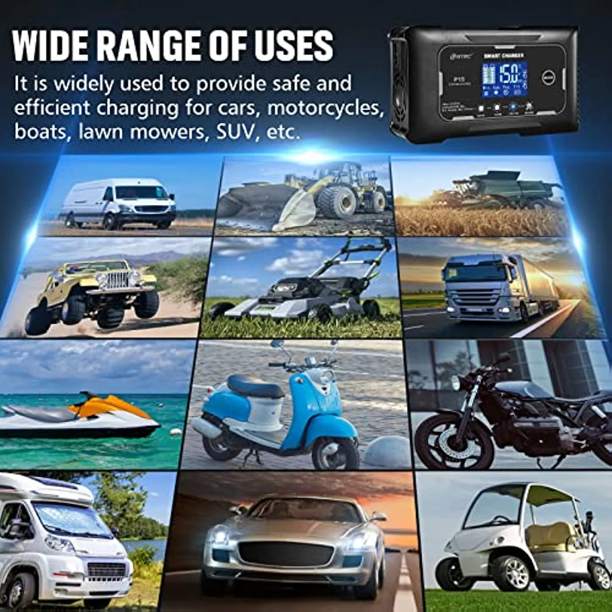 HTRC charger 15-Amp Fully-Automatic Smart Charger,12V and 24V Battery Charger,12V/15A 24V/10A Lead-Acid(AGM/Gel/SLA)/Lithium lron LiFePO4 Trickle Charger,Pulse Repair Car Battery Charger,Deep cycle