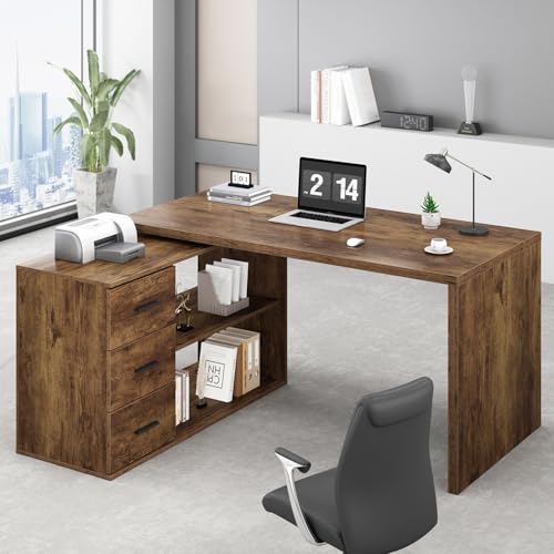 HSH Black L Shaped Computer Desk with Drawers, L Shaped Home Office Desk with Storage Cabinet Shelves, Reversible Corner Wood Writing Desk for Executive Work Study,Large Bedroom Computer Table,55 Inch