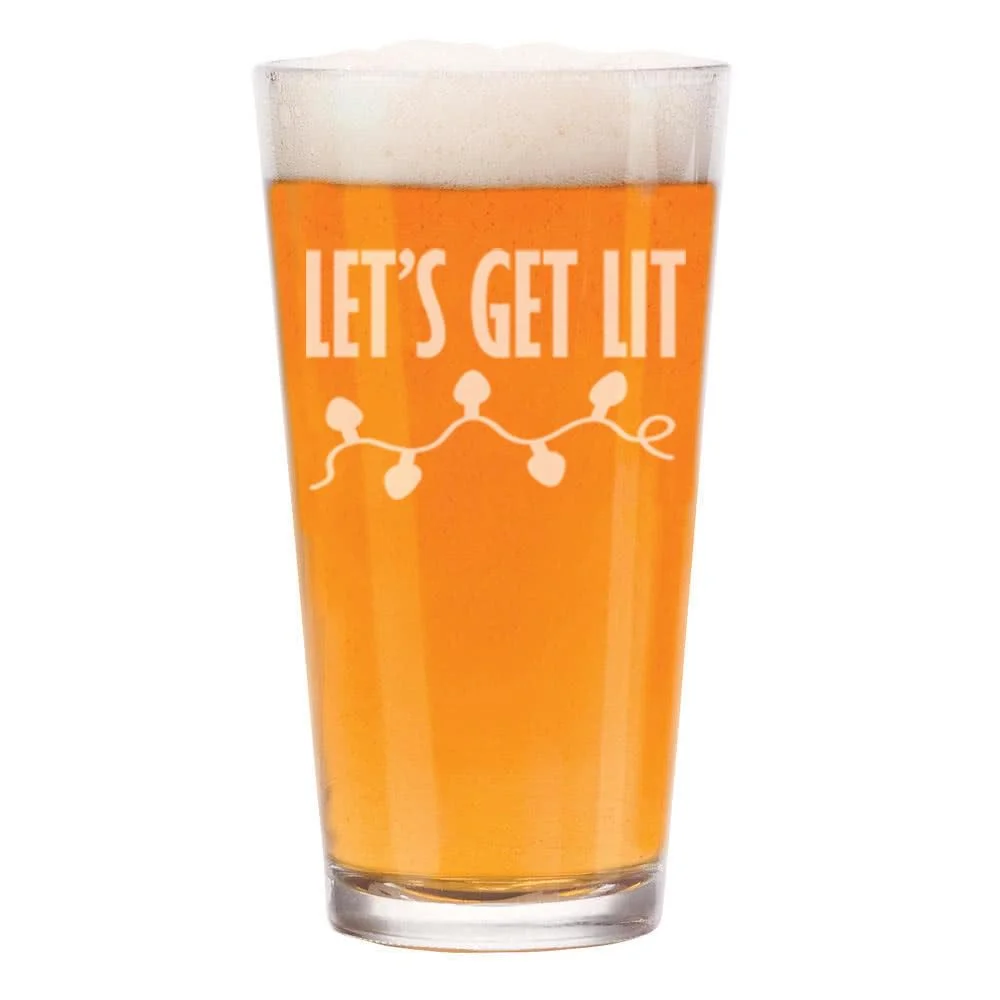 16 oz Beer Pint Glass Gift Let's Get Lit Funny Christmas Lights