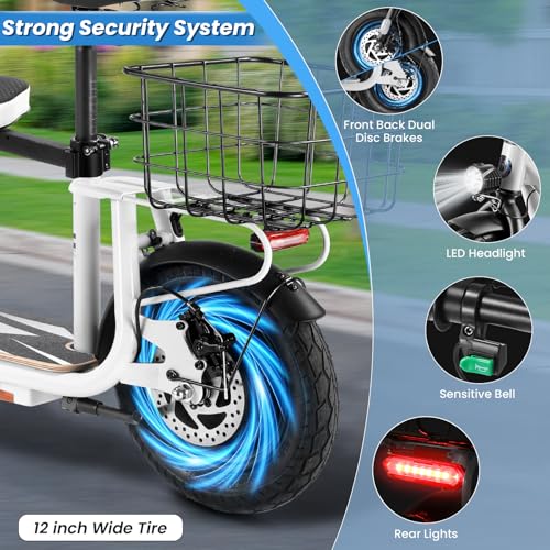 Caroma Peak 500W/800W/1200W Electric Scooter with Seat, 30 Miles Max Range Electric Scooter Adults&Teens, 48V Large Battery, 20MPH Top Speed Foldable Ebike, Adjustable E-Bike with Basket&Kid Seat