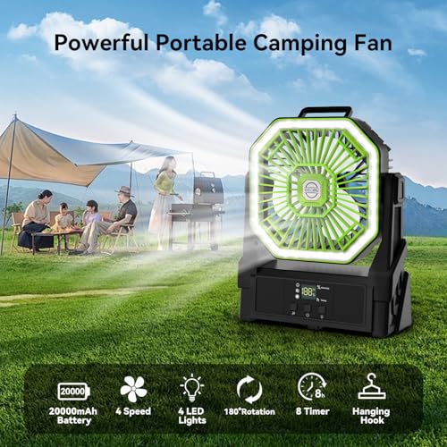 Portable Battery Powered Fan with 4 Lights, 20000mAh Battery Operated Fans with Remote, Outdoor Camping Fan Rechargeable, 4 Speed, 4 Timer for Picnic, Barbecue, Fishing, Home