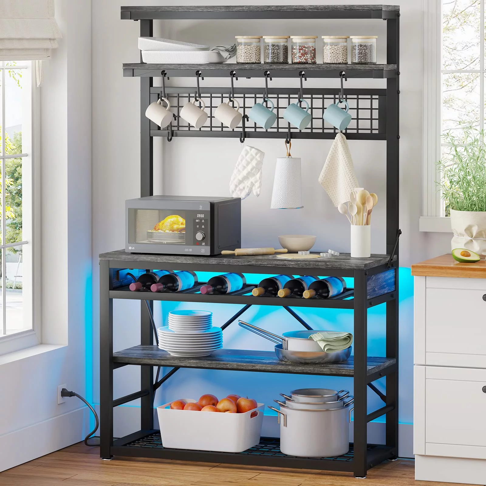 EPHEX Bakers Rack with Power Outlet, 6-Tier Coffee Bar, Microwave Stand with Wine Rack, LED Lights and 10 Hooks, Bakers Racks for Kitchens with Storage, Grey