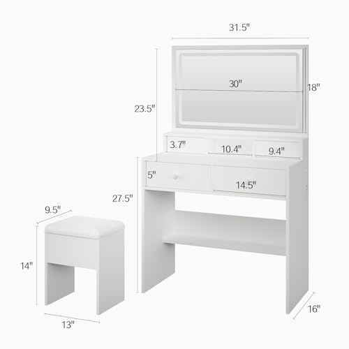 Haewon Vanity Desk with Lighted Mirror and Charging Station, Makeup Vanity Table Set with 4 Drawers and Storage Chair, White Dressing Table with 3 Lighting Modes for Bedroom
