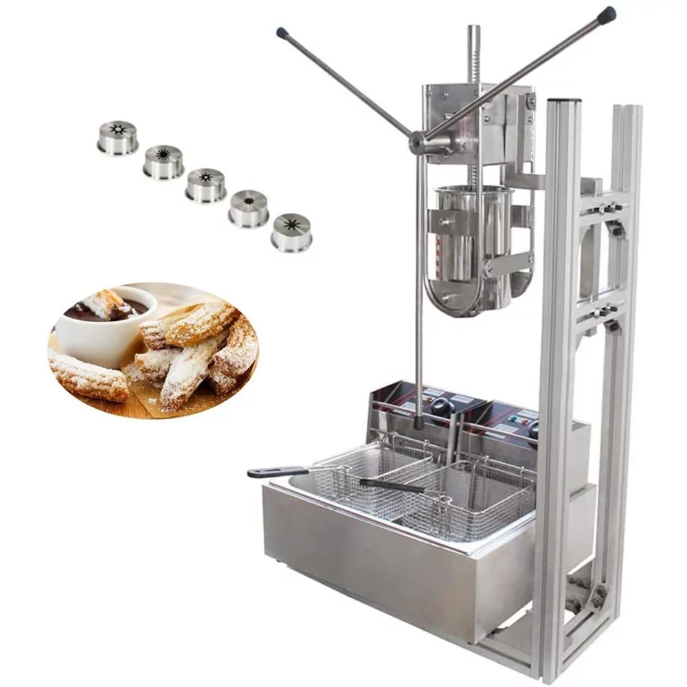 INTBUYING 5L Commercial Vertical Spanish Churros Machine with 12L Deep Fryer 220V 5KW