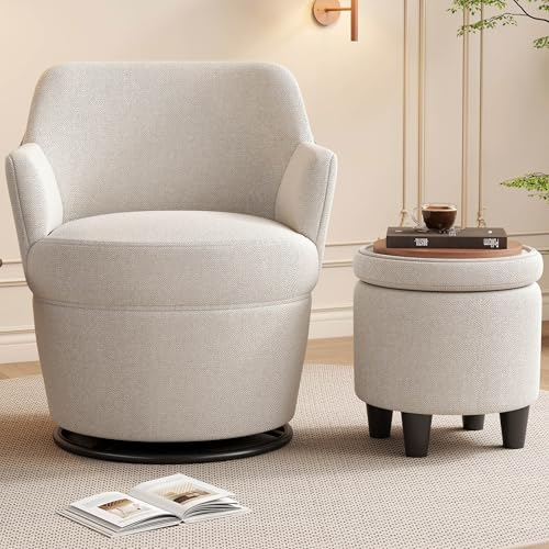 Upholstered Swivel Chair with Storage Ottoman,360° Swivel Accent Lounge Sofa with Metal Base,Comfortable Cotton Linen Barrel Reading Armchair for Living Room, Bedroom, Office (Beige)