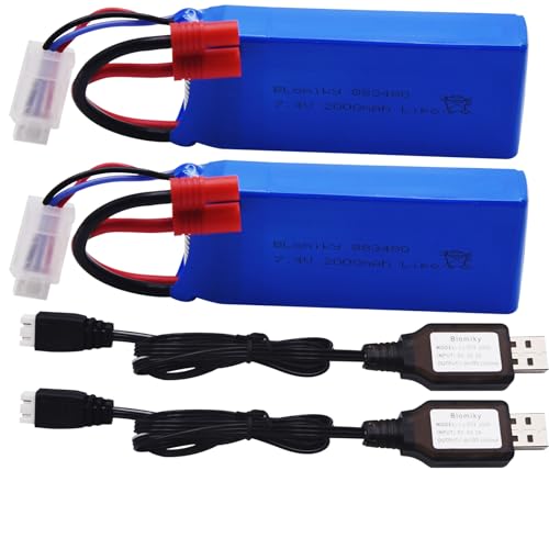 Blomiky 2 Pack 7.4V 2000mAh Lipo Battery Banana Connecdtor Plug and Charger Cable Replacement for DRC-446 and S yma X8C X8W Quadcopter / X8C Battery 2