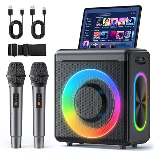 Karaoke Machine with 2 Wireless Microphones: Portable Bluetooth Speaker for Adults & Kids - PA System with Lights Supports TWS/TF Card/USB/AUX for Home Party-Stage Monitors