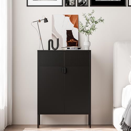 2 Door Storage Sideboard, Metal Storage Cabinet with 2 Adjustable Shelf,Multipurpose Metal Accent Cabinet for Office Home,Music Studio (Black, 25''H)