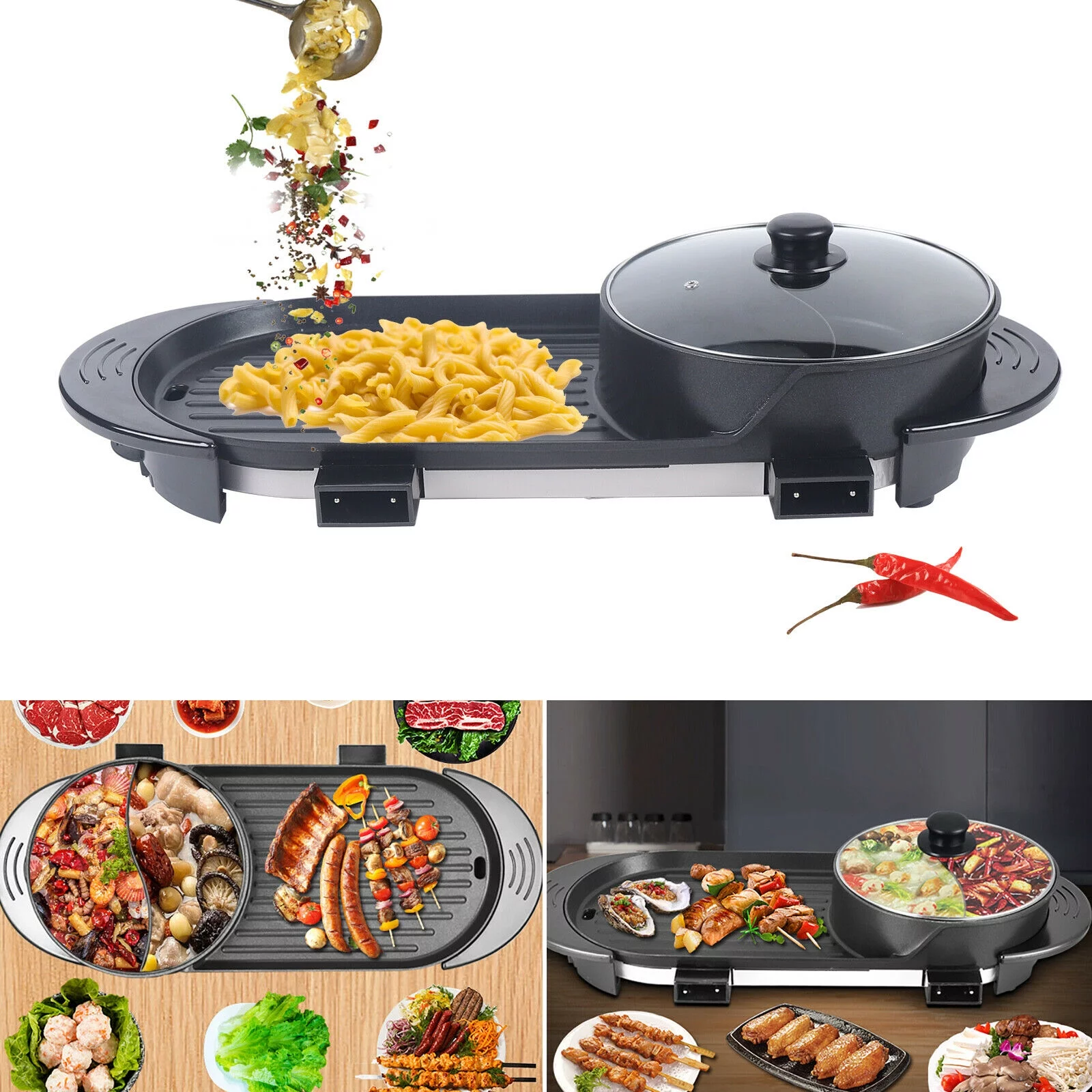2 in 1 Electric Hot Pot Barbecue Grill Smokeless Grill BBQ Teppanyaki Shabu Pot Non-Stick Pan