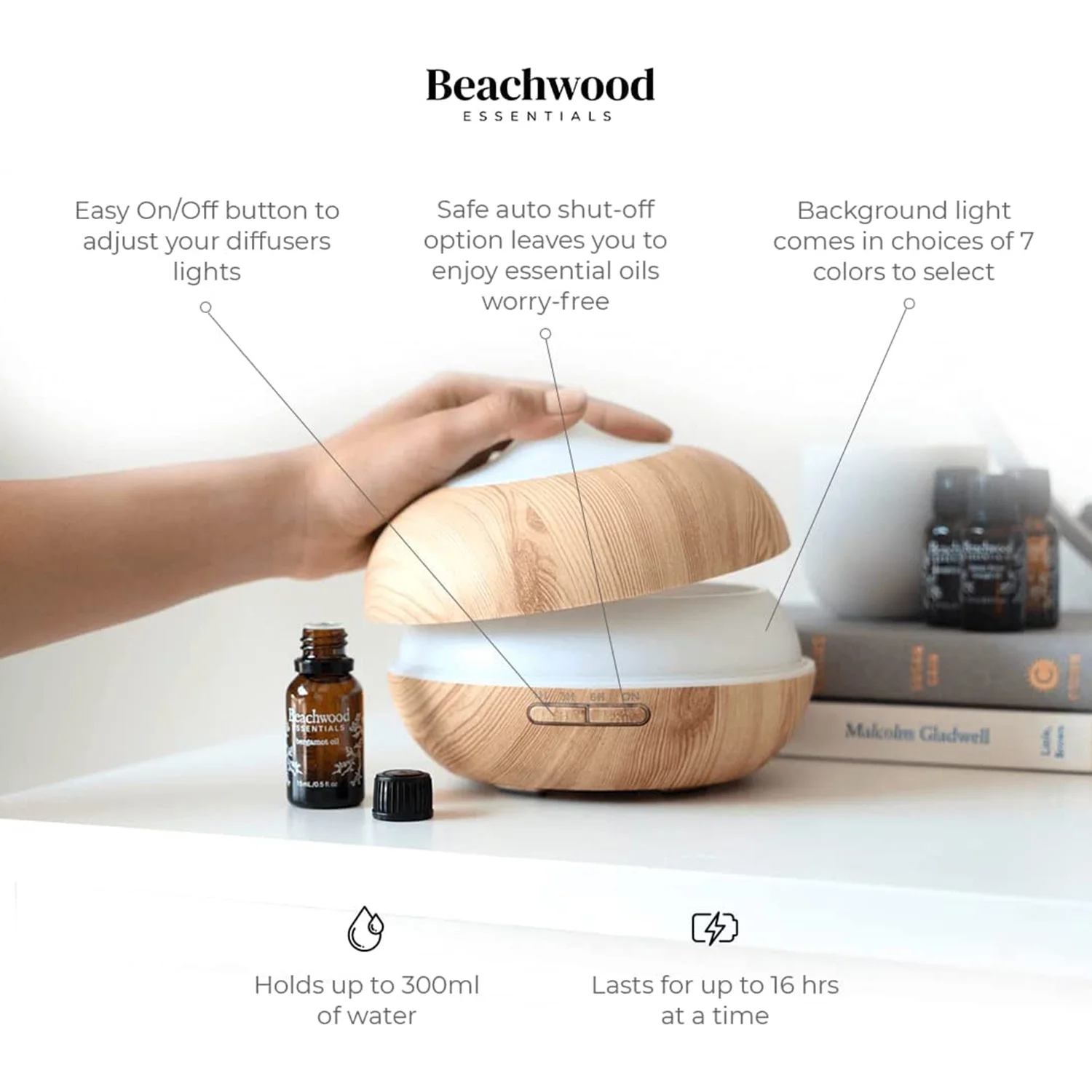 Beachwood Essentials Ultimate Ultrasonic Aromatherapy Diffuser for Essential Oils - Therapeutic Grade, Helps You to Relax - 3 Timer & 7 Ambient Light Settings - Up to 16 Hours of Use - Cherry, 300mL…