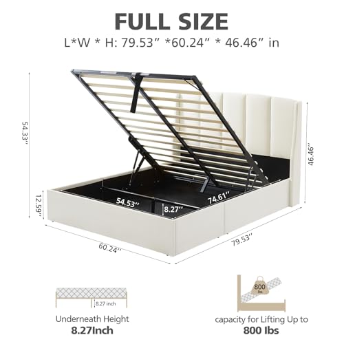 VELOCAVA Queen Size Lift-Up Storage Bed, Modern Upholstered Platform Bed with Hydraulic Lift, Wingback Headboard with Vertical Channel Tufting, Wooden Slats, Easy Assembly, White