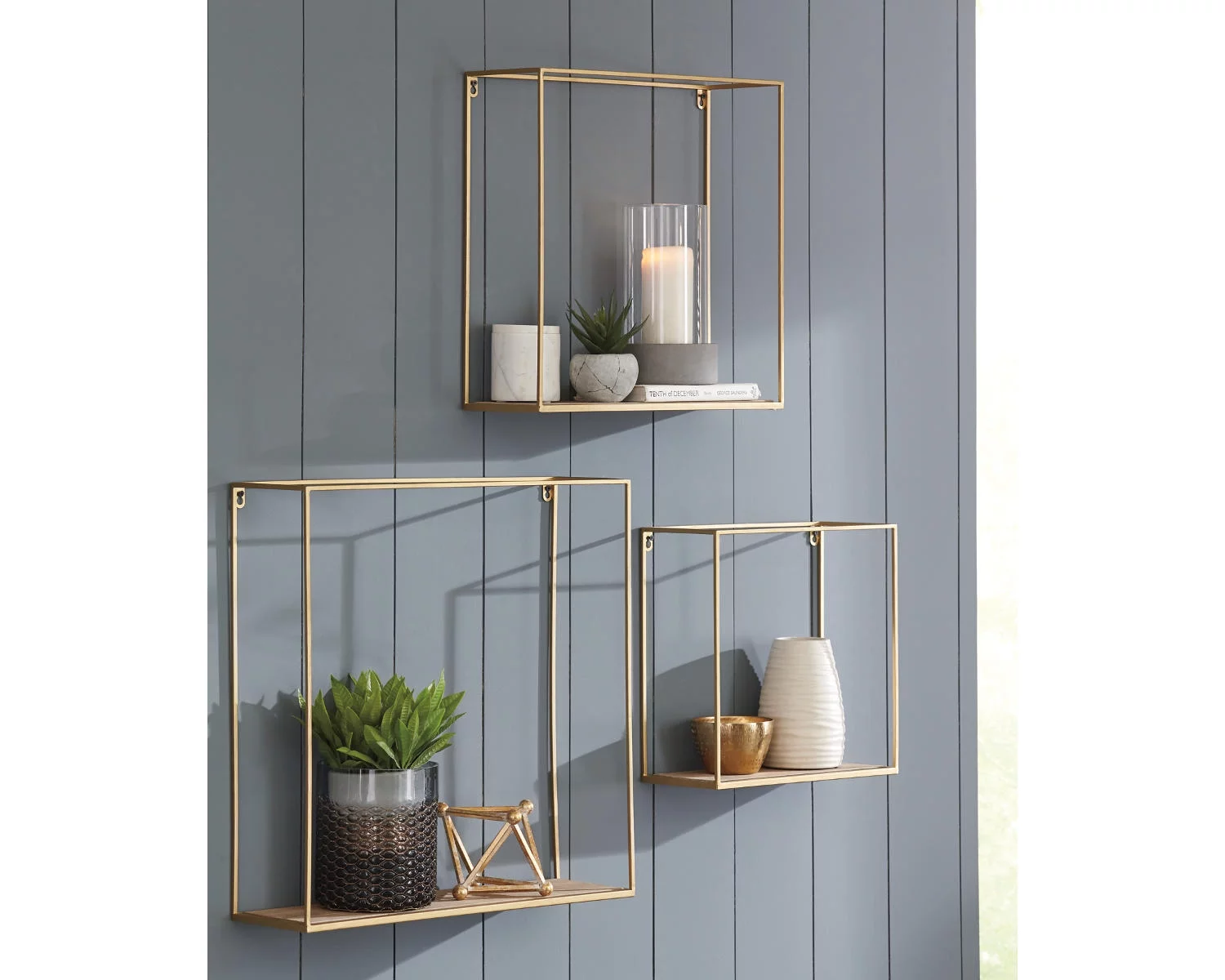Signature Design by Ashley Contemporary Efharis Wall Shelf (Set of 3)  Natural/Gold Finish
