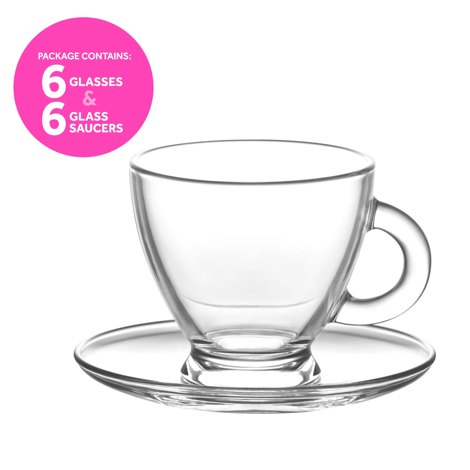 LAV Glass Coffee Cups and Saucers Set of 12 - Clear Espresso Cups with Handle 3.25 oz