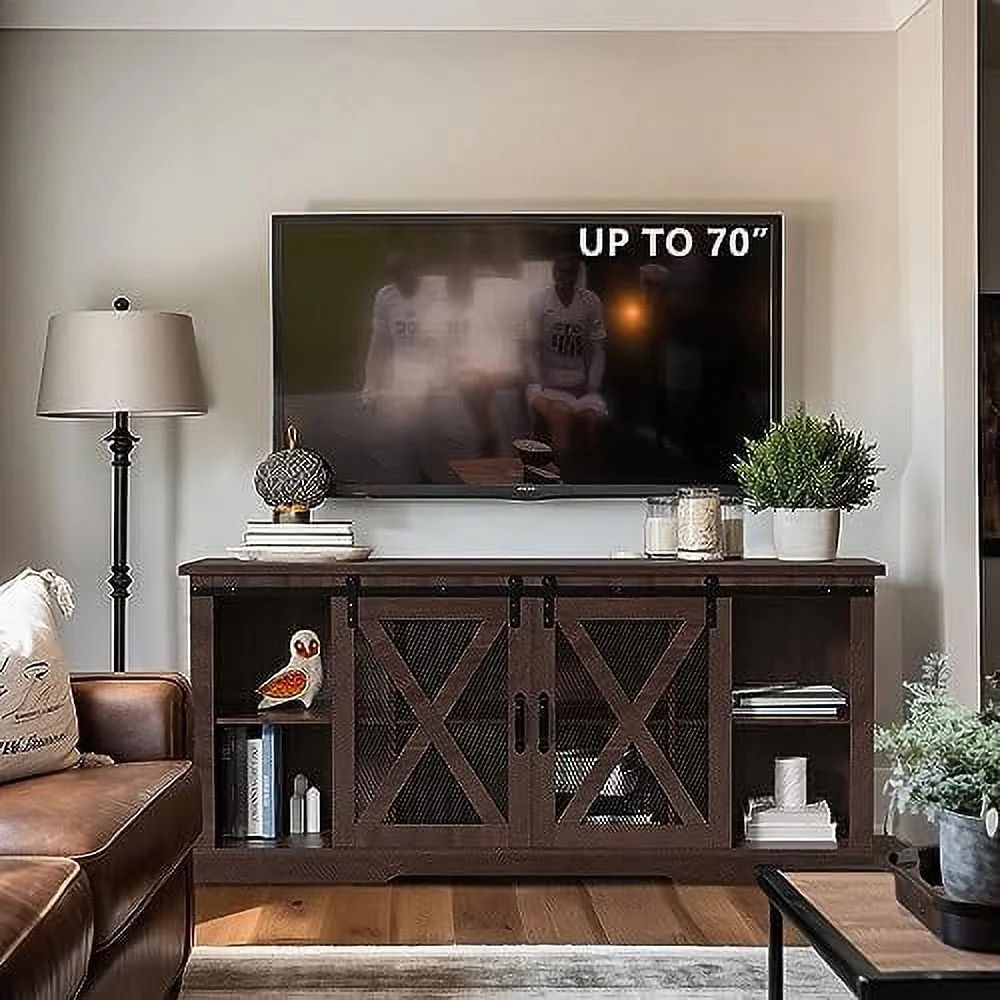 RUNFAYBIU Farmhouse TV Stand for 65+ Inch TV  34" Tall Entertainment Center with Barn Door  Television Cabinets &  Shelves  65" TV Stands for Living Room  Brown