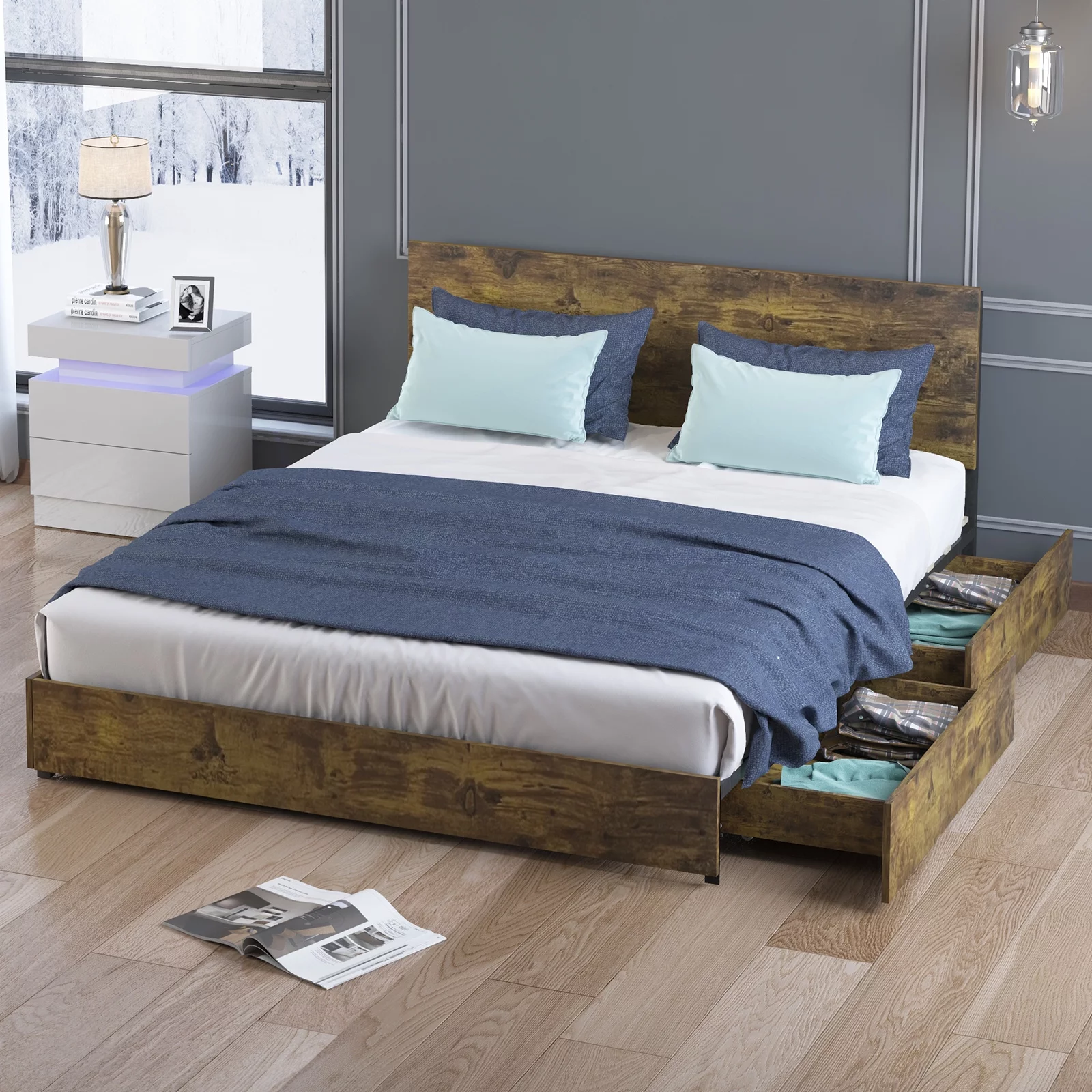 ijuicy King Size Bed Frame with 4 Storage Drawers, Wooden Headboard and Solid Metal Frame Vintage Platform Bed with Large Storage Space, No Box Spring Needed & Noiseless Bed Frame