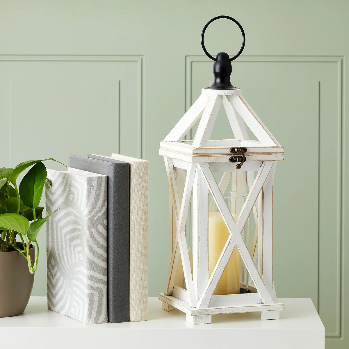 Wooden Decorative Lantern Candle Holder with Glass Hurricane for Fireplace, Rustic Tabletop Decor (White, 6 x 15 In)