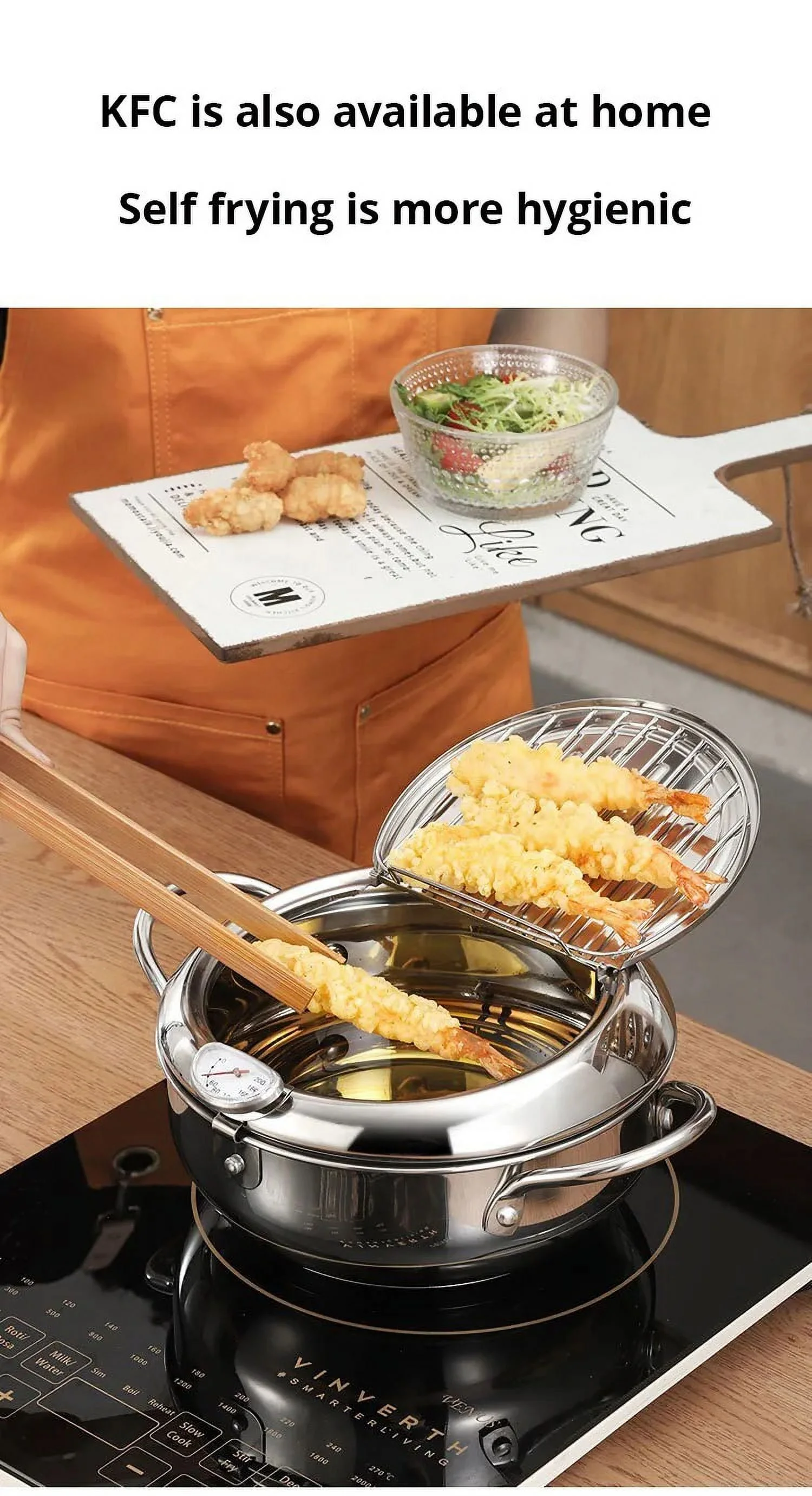 Premium Stainless Steel Oil Pan with Thermometer and Cover: Ideal for Tempura, French Fries, and Oil-Saving Frying, 4.2LPan