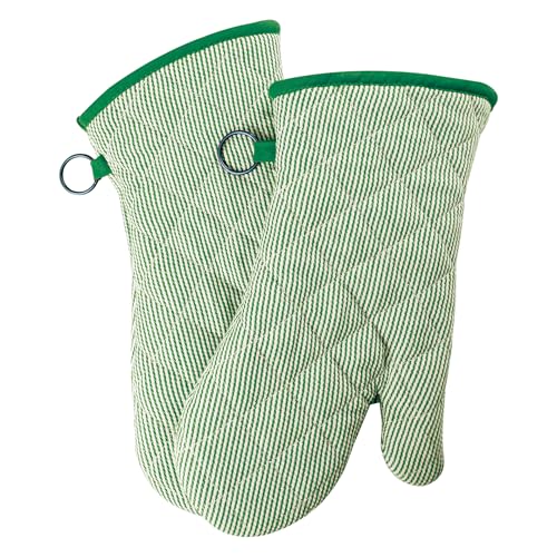 1 Pair Yarn Dyed Oven Mitts 100% Cotton Heat Resistant 470 Degree Gloves Men Women Cooking Baking Barbecue BBQ Microwave Crafting Machine Washable Pot Holders Mittens (red2)