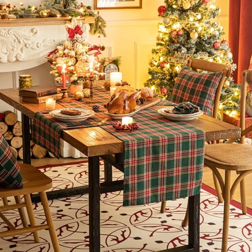 Green Red Plaid Christmas Table Runner, Winter Holiday Table Runners 72 inches Long, Xmas Decorations Indoor Outdoor Farmhouse Home Kitchen Dining Party Decor