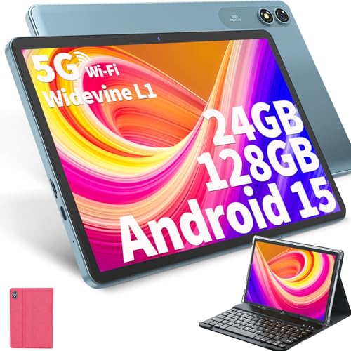 Android Tablet with Keyboard, Android 15 Tablet 10 inch with 24GB+128GB, 1TB Expand, 8-Core, 8000mAh, 5G WiFi, Widevine L1, GMS, with Case, Keyboard, Mouse, Stylus(Black)