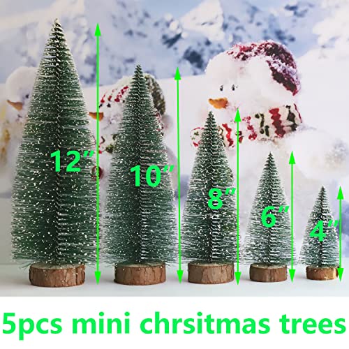 Bottle Brush Christmas Trees 5Sizes Mini Christmas Trees Small Christmas Trees Mini Pine Trees Desktop Miniature Christmas Trees with Snow and Wooden Base for Crafting Decorations (Plant Green)