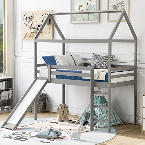 Merax Twin Over Twin House Bunk Bed Frames with Slide and Storage Staircase, No Box Spring Needed, White