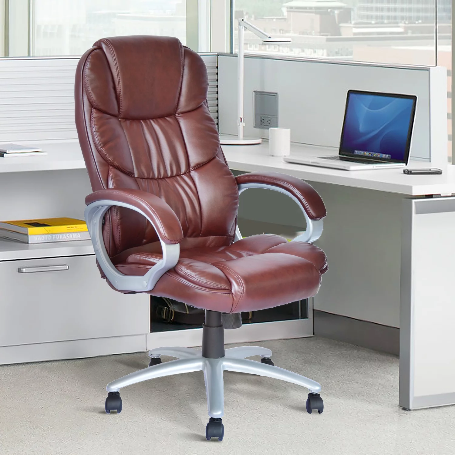 Dkeli Executive Office Chair Ergonomic Big and Tall Leather Computer Desk Chair High Density Sponge Seat with Padded Armrest,Lumbar Support and Headrest, Brown