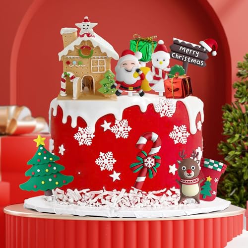 Christmas Cake Topper, Merry Christmas Cake Decorations Christmas Cupcake Toppers with Craft Xmas Tree Santa Reindeer Cake Decoration Christmas Party Cake Supplies for Christmas Holiday