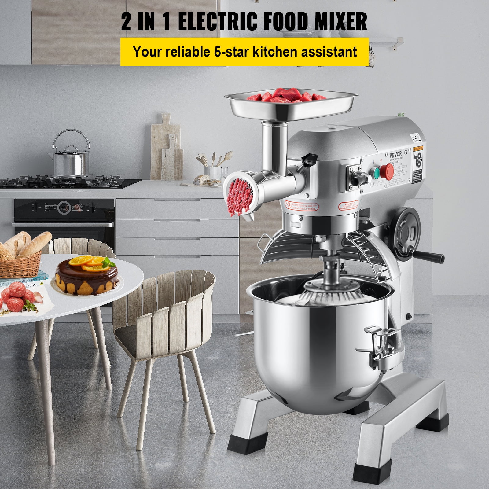 VEVORbrand Commercial Stand Mixer, 20Qt Stainless Steel Bowl, 1100W 2 in 1 Multifunctional Electric Food Mixer with Meat Grinder & 3 Speeds, Dough Hook Whisk Beater Included