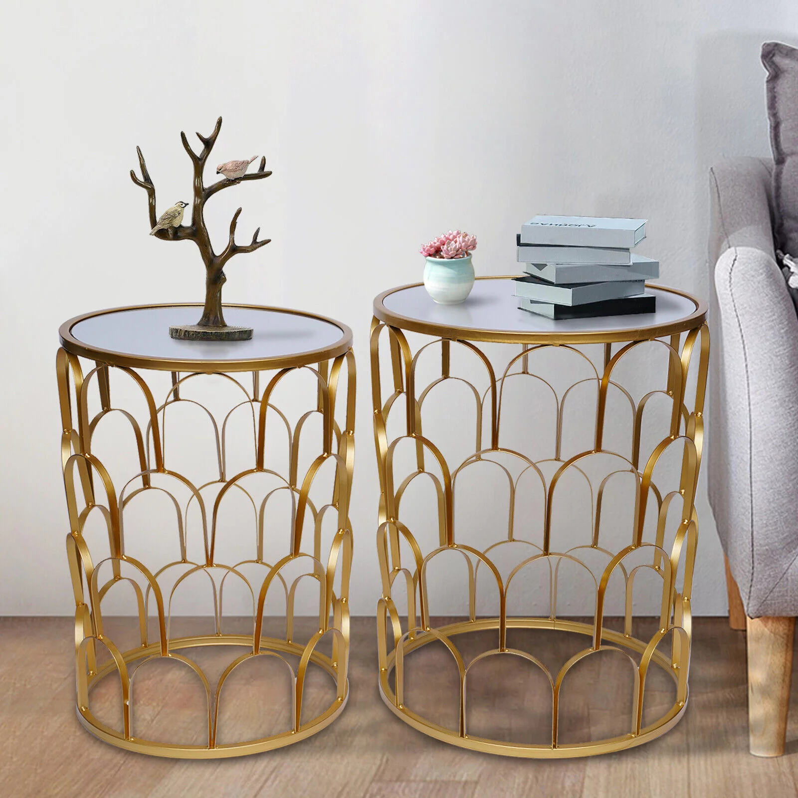 2* Metal Round Gold End Table Sofa Side Table Plant Stands Home Decor