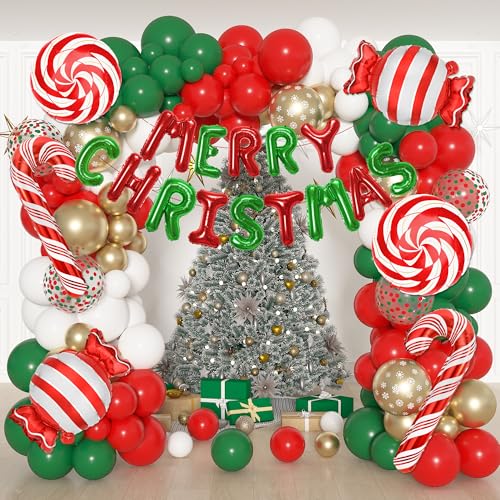 Amandir 180 Pcs Christmas Balloon Arch Garland Kit with Merry Christmas Banner Red Green Foil Candy Cane Snowflake Print Confetti Balloons for Xmas Holiday Birthday Party Decorations Supplies