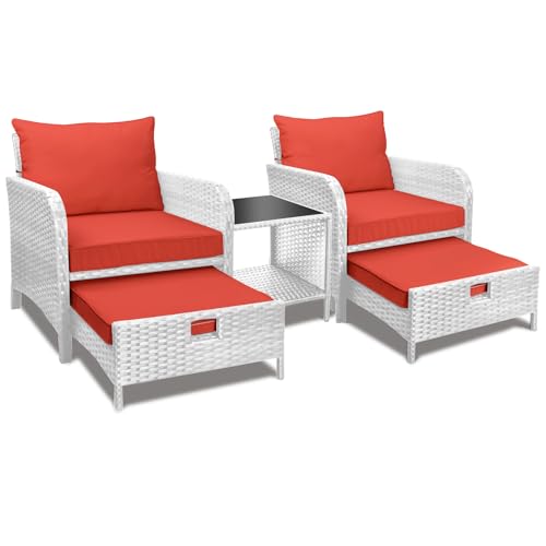 LEVELEVE Balcony Furniture 5 Piece Patio Conversation Set, PE Wicker Rattan Outdoor Lounge Chairs with Soft Cushions 2 Ottoman&Glass Table for Porch, Lawn-Brown Wicker