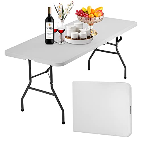 Folding Table 6 Foot Indoor Outdoor Heavy Duty Plastic Portable Fold Up Table Utility Camping Dining Party Table, Easy to Assemble, White