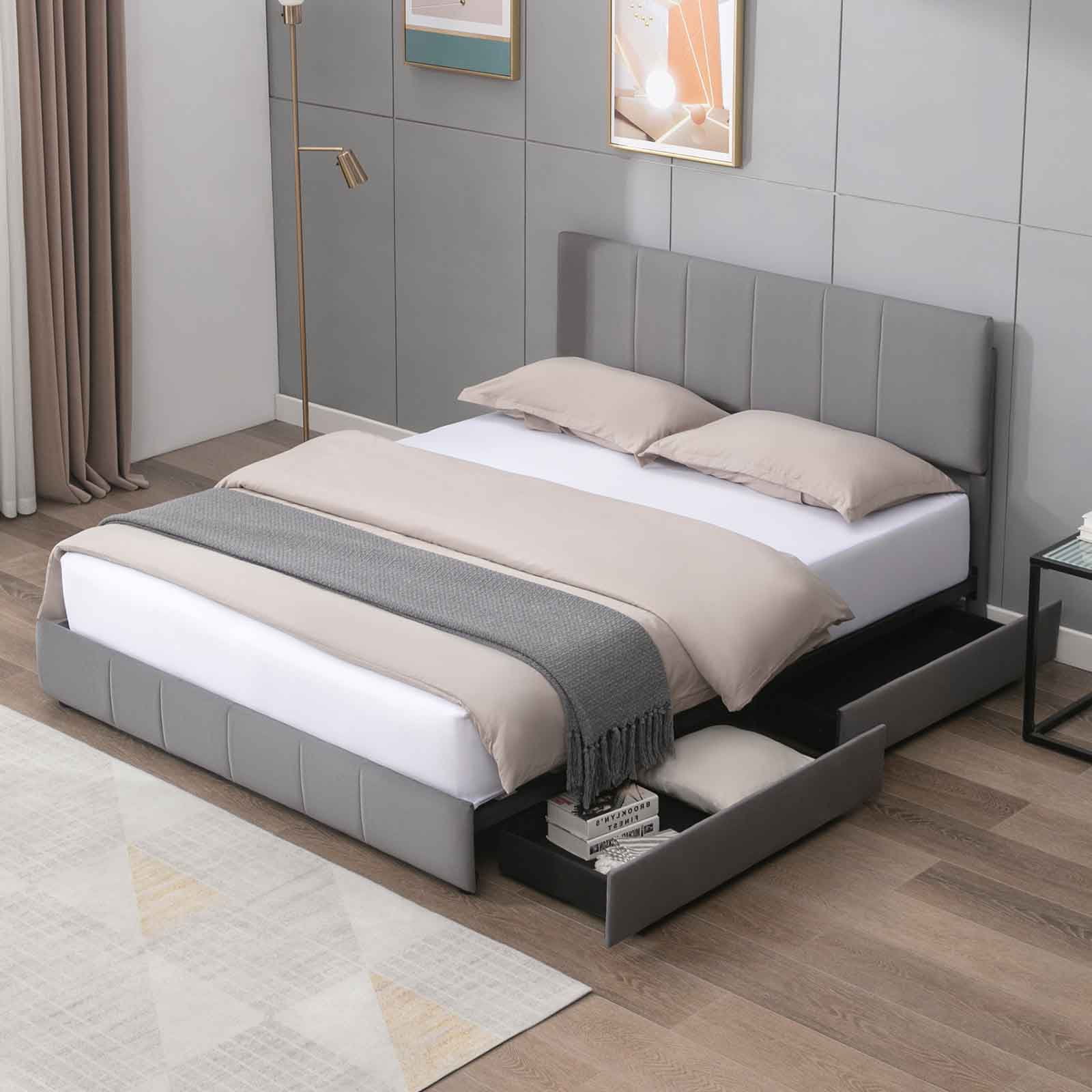 CECER King Size Bed Frame with 4 Storage Drawers, Platform Bed Frame Velvet Upholstered Adjustable Headboard, Solid Metal & Wood Frame Easy Assembly Dark Grey