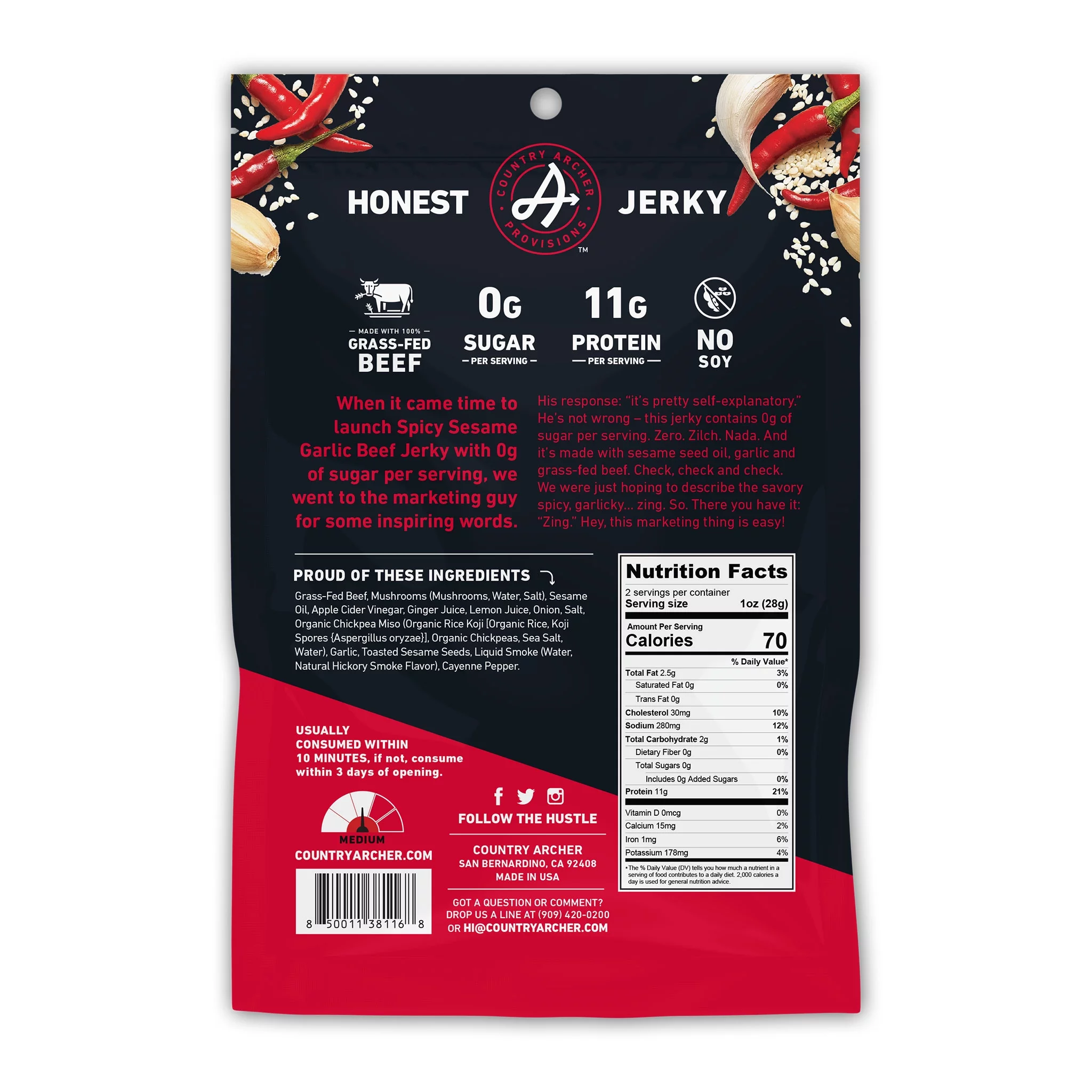 Country Archer 2oz Zero Sugar Spicy Sesame Garlic Beef Jerky