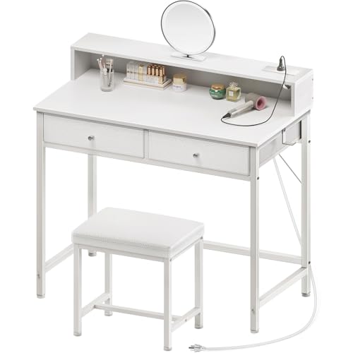 Seventable Vanity Desk Without Mirror, Makeup Vanity with Drawers and Charging Station, Small Desk with Storage for Bedroom, Simple Home Office Computer Desk for Small Spaces, White and Gold Leg