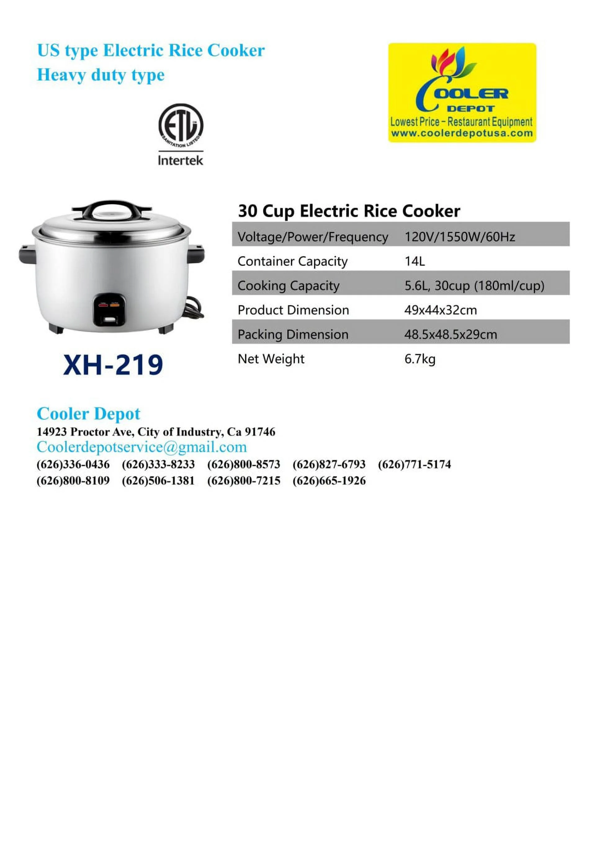 Cooler Depot Raw rice 30 cup Rice cooker warmer NSF XH-219 NSF ETL