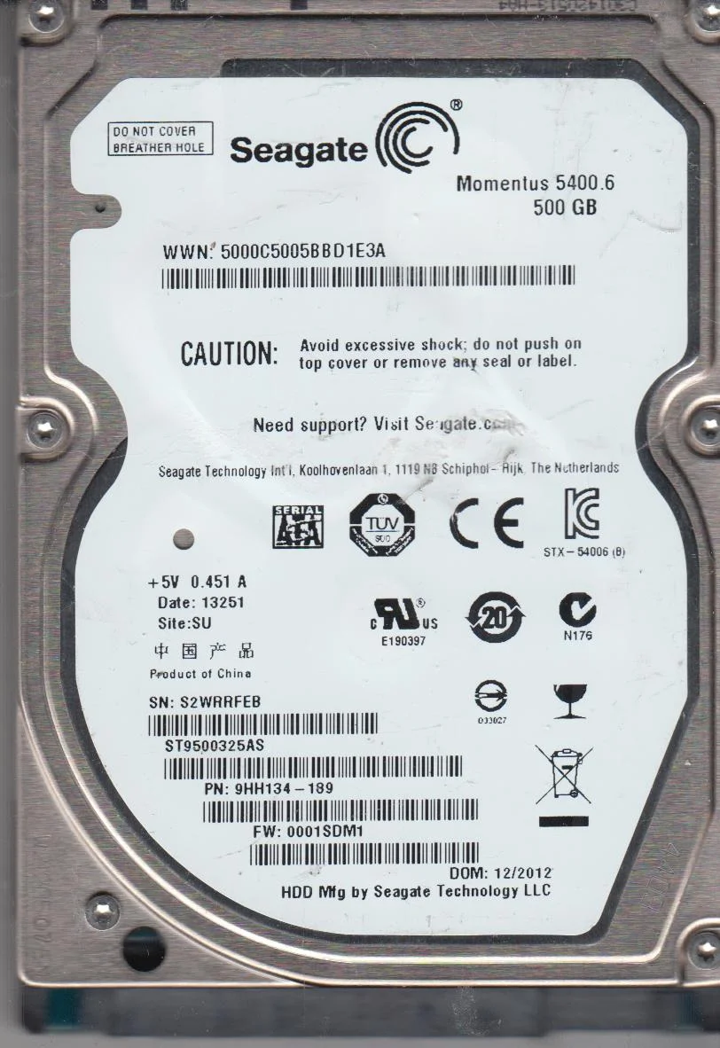 ST9500325AS, S2W, SU, PN 9HH134-189, FW 0001SDM1, Seagate 500GB SATA 2.5 Hard Drive