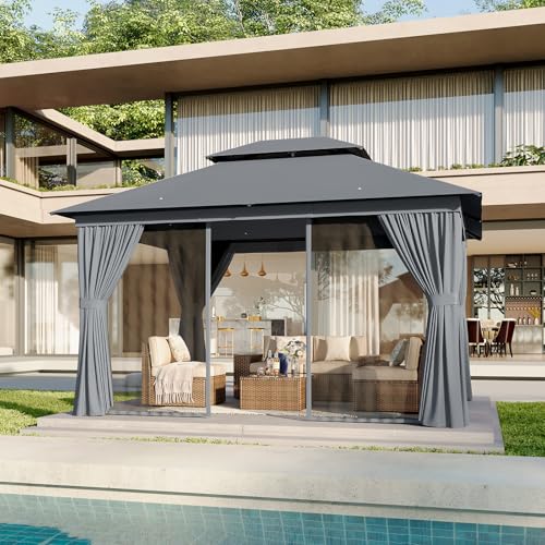 Aoxun 10'x12' Outdoor Patio Gazebo, Heavy Duty Party Tent with Wind-Resistant Ropes, Metal Frame Canopy with Mosquito Nettings and Privacy Screens for Backyard, Deck,Garden, Lawn, (Beige)