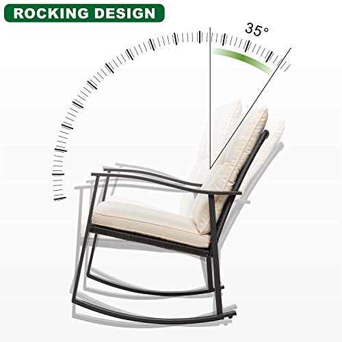 Shintenchi 3 Piece Rocking Bistro Set, Outdoor Furniture with Rocker Chairs and Glass Coffee Table Set of 3, Balcony, Porch Furniture for Small Space, Brown