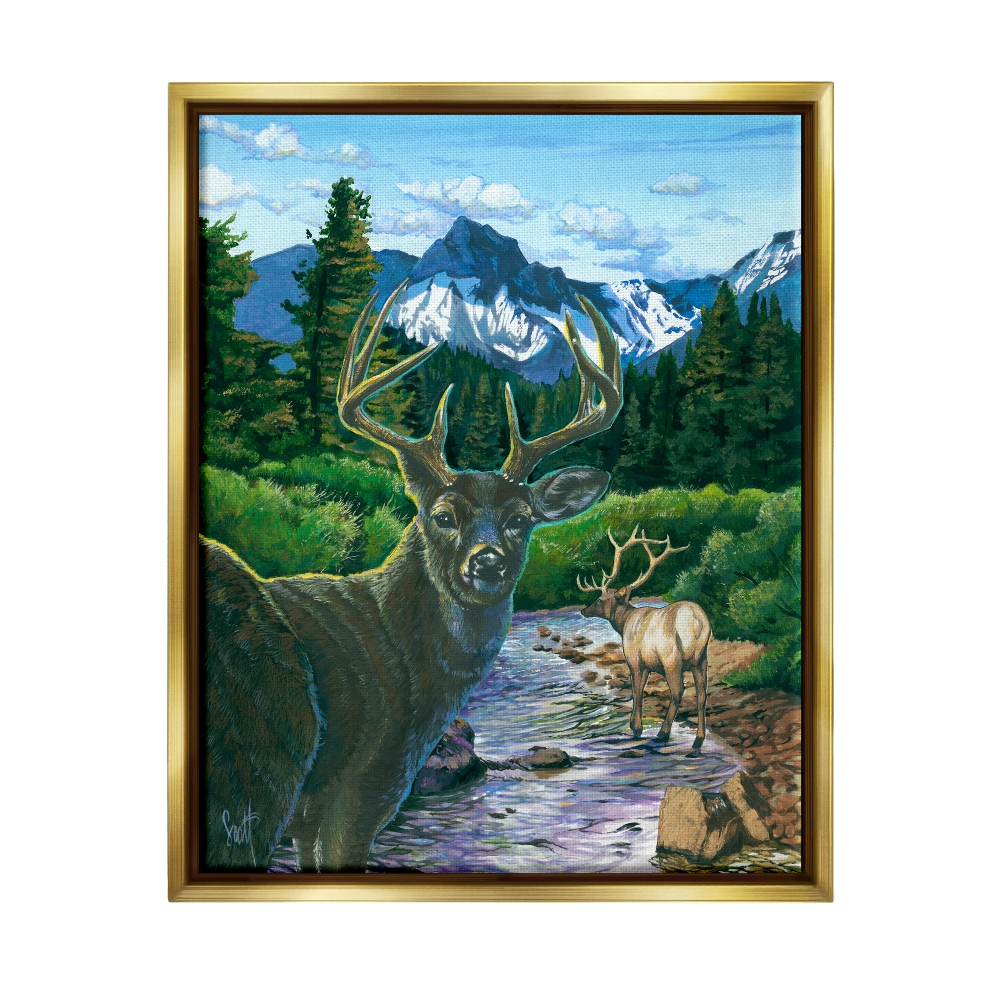 Stupell Industries Deer in Mountain Scenery Animals & Insects Painting Gold Floater Framed Art Print Wall Art, 25 x 31