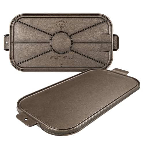 Wagner Cast Iron Griddle – 1950 Vintage Reissue in Wooden Box – Double Burner Griddle for Stovetop & Outdoor Cooking – Pre-Seasoned Cast Iron – Handcrafted in USA – Naturally Nonstick