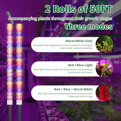 LED Grow Light Strips, 100FT APP Control IP67 Waterproof, 24W Full Spectrum, Auto ON&Off 4/8H Timer, 2.4G Remotely,10 Dimmable Levels for Indoor Plant Growing (Red Bulb WW)