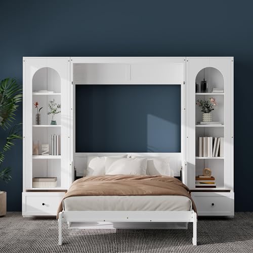 Queen Size Murphy Bed with Desk, Horizontal Wall Bed with Storage Side Cabinets, Drawers and LED Light, Wood Hideaway Wall Bed Frame with Shelves, White