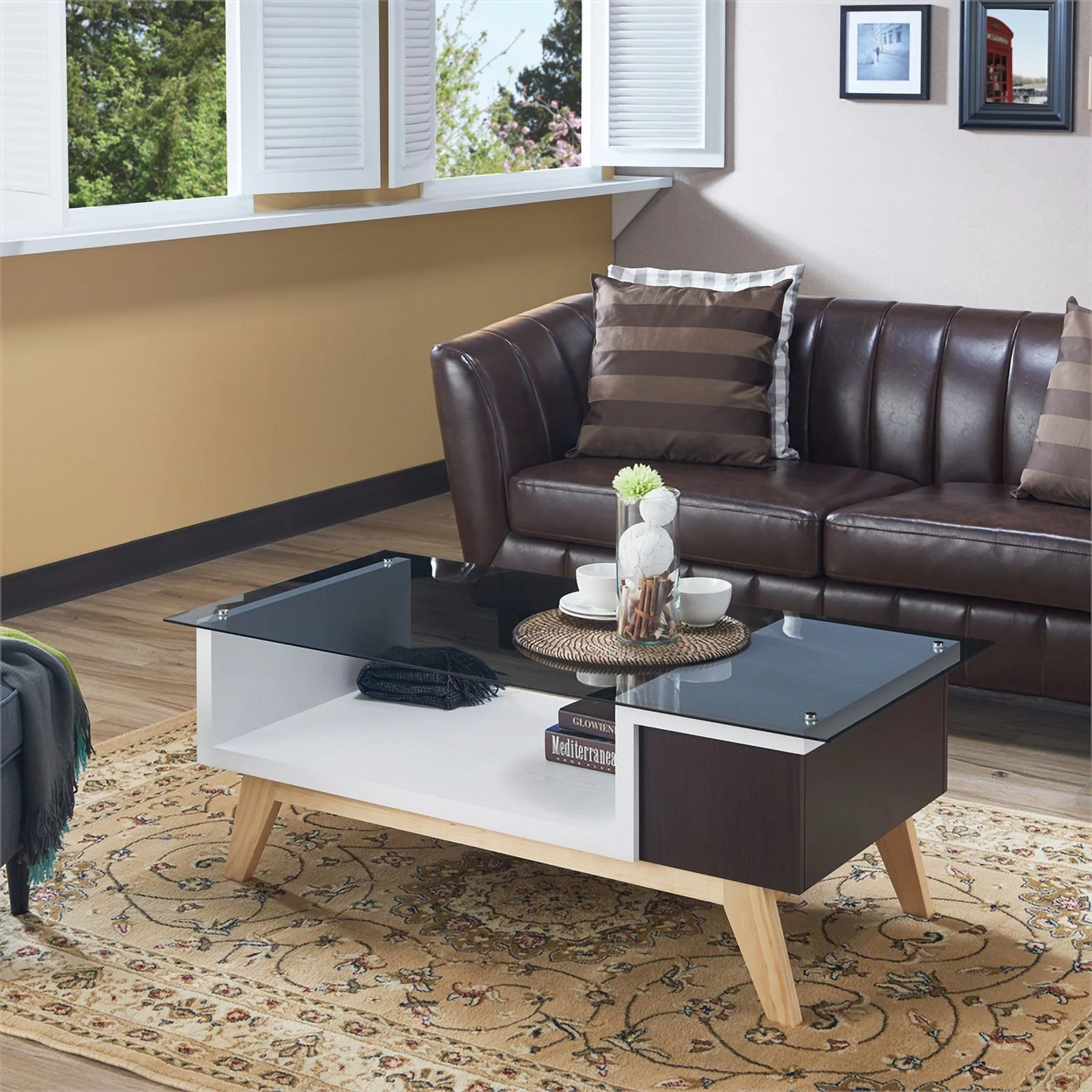 Furniture of America Rokan Mid-Century Glass Top Coffee Table in Espresso