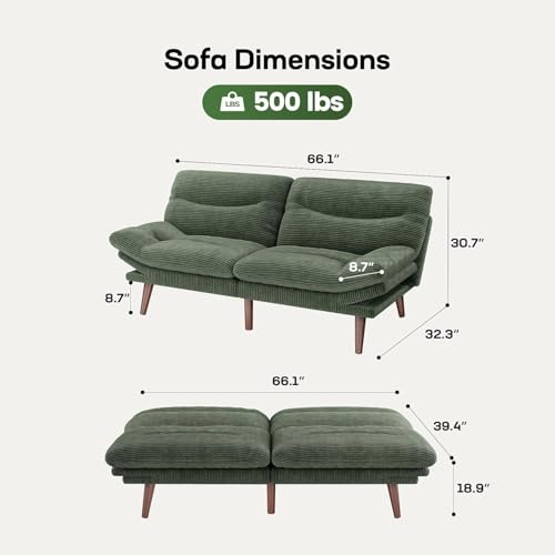 Marsail Futon Sofa Bed, Futon Couch with Adjustable Backrest & Armrests, Convertible Small Sleeper Sofa Bed for Small Apartments, Study Room, Office, Corduroy Loveseat, Grey