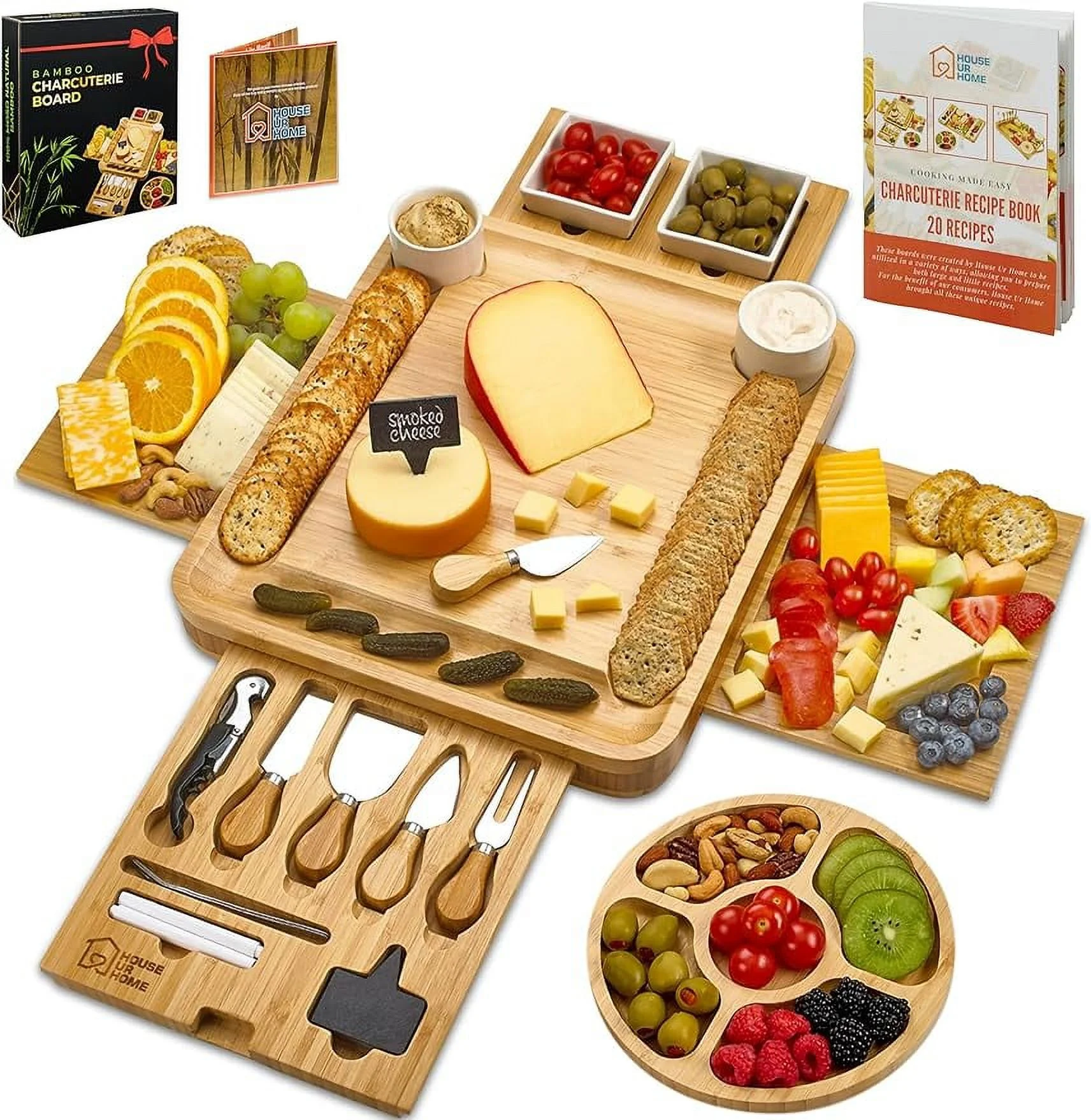 Large Charcuterie Board Set - Bonus Recipe Book - 2 Ceramic Bowls & Plates, 4 Magnetic Drawers Bamboo Cheese Knife Set, Round Tray - Christmas & Housewarming Gifts