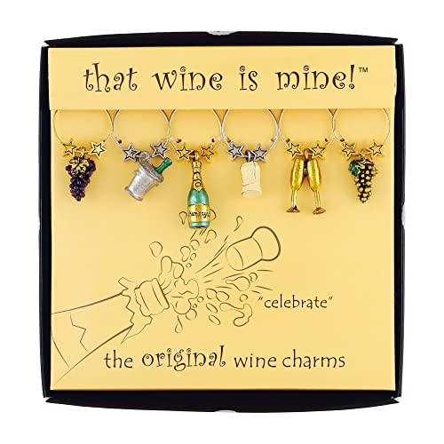 Wine Things Celebrate Wine Charms, Zinc Alloy Wine Glass Tags for Stem Glasses, Drink Markers Identifiers for Parties, Tastings, and Entertaining, Multicolor, Set of 6