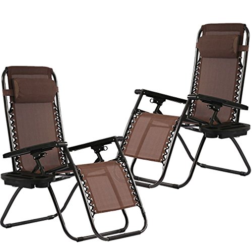 FDW Zero Gravity Lawn Lounge Chairs Set of 2 with Pillow and Cup Holder - Adjustable Reclining Folding Outdoor Chairs for Deck, Beach, Yard