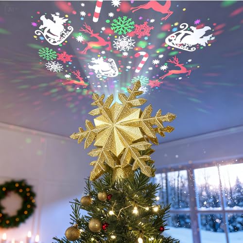 DG-Direct Christmas Tree Topper Lighted with Silver Snowflake Projector, Led Rotating Magic Snowflake, 3D Hollow Glitter Lighted Silver Snow Tree Topper for Christmas Tree Decorations